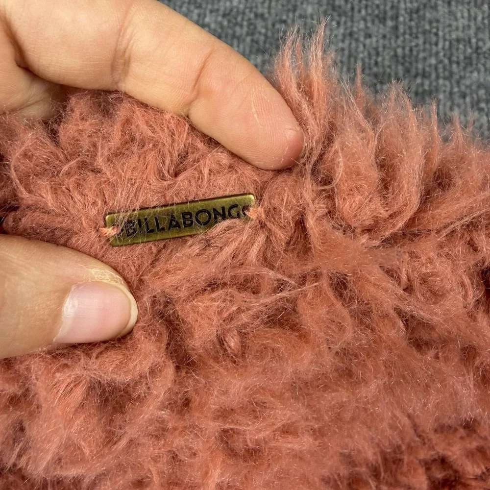 Billabong Jacket Womens Large Pink‎ Faux Fur Shaggy Cropped Open Front Lined